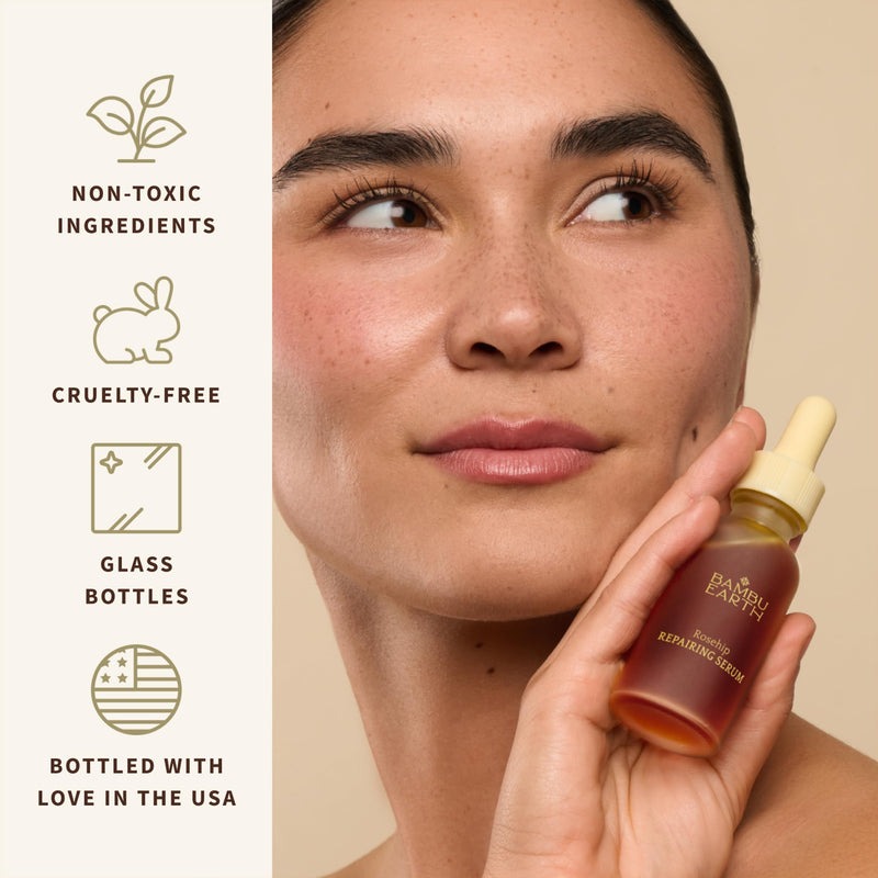 Bambu Earth Rosehip Repairing Face Serum - Facial Hydration and Face Moisturizer Rich in Vitamins - Nourishes Skin, Boosts Radiance and Restores Clarity for Sensitive Skin - Daily Skincare - 1 Fl oz