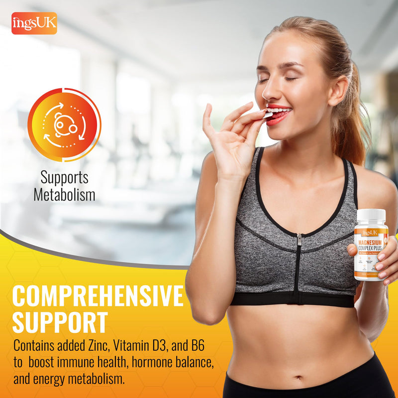 Magnesium Complex Plus | Bisglycinate-Glycinate, Malate, Citrate, High Strength Capsules with Zinc Picolinate, Vitamin D3, B6 Pyridoxine | 90 Capsules, 375mg Elemental Magnesium Supplements | IngsUK