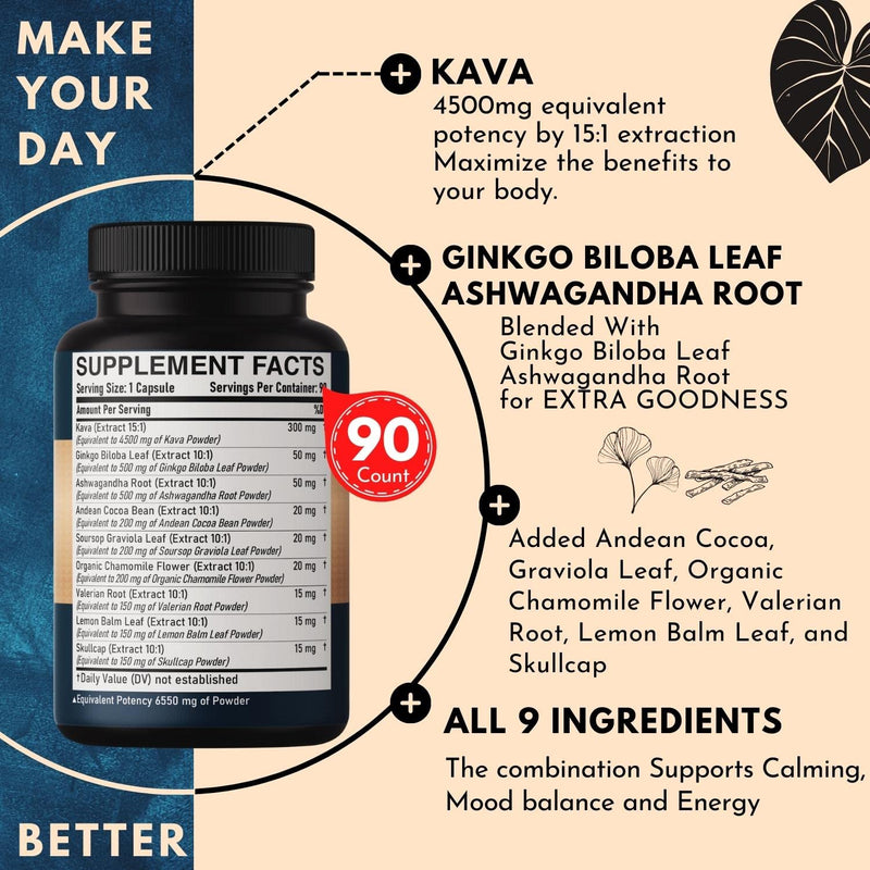 [Australia] - Kava Kava Capsules 6550mg - 3 Month Supply - 9 Herbs with Ginkgo Biloba, Ashwagandha Root, Andean Cocoa, Graviola Leaf, Chamomile, Valerian, Lemon Balm & Skullcap - Support Mood & Immune - 90 Pills 