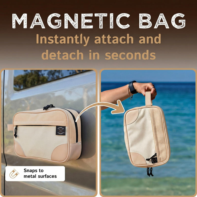 Living in a Bubble Premium Magnetic Bag. Durable Cordura Fabric Travel-Ready Toiletry Pouch for Camping, Traveling, Hiking, Family Trip (Beige) Beige