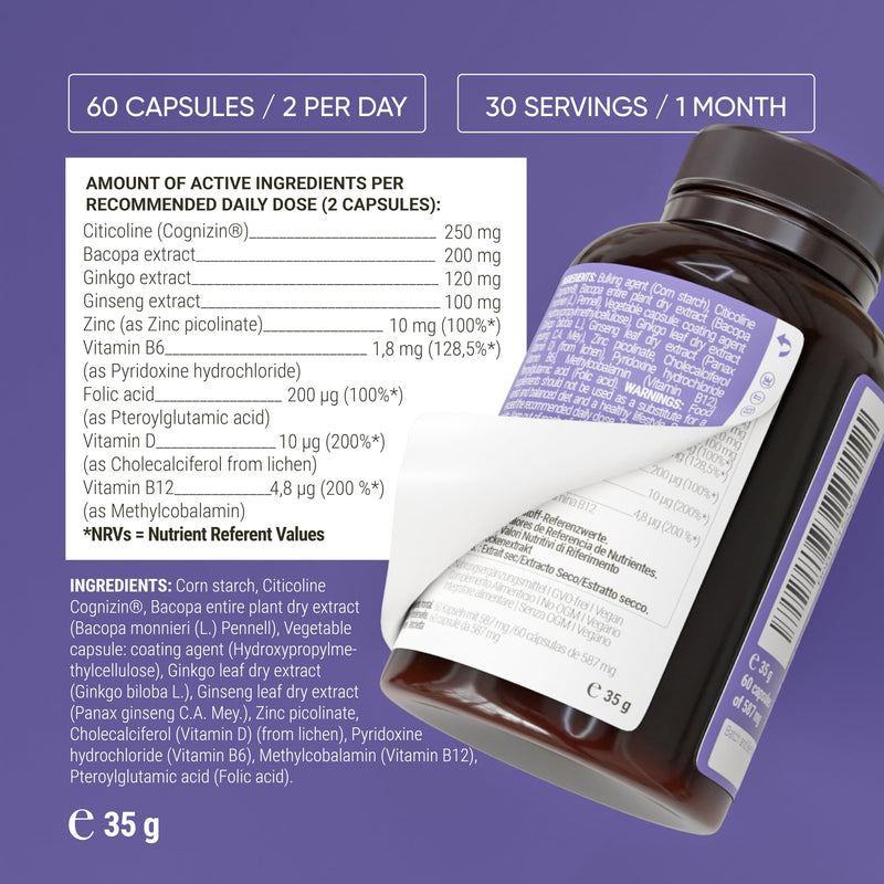 Nullure Memory & Focus | Nootropic Brain Supplement | Concentration · Energy · Focus | Citicolin COGNIZIN + Ginkgo Biloba 6000mg + Bacopa Monnieri + Ginseng | Caffeine Free | 60 Capsules