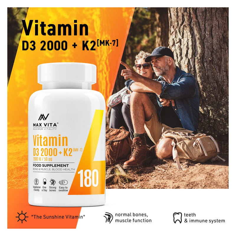 Vitamin D3 2000 IU K2 (MK-7) 100mcg - High Strength Vegetarian 180 Tablets - D3 K2 Cholecalciferol & Menaquinone from Natto - Bones Muscle Teeth Immune System Support - UK Made Non GMO