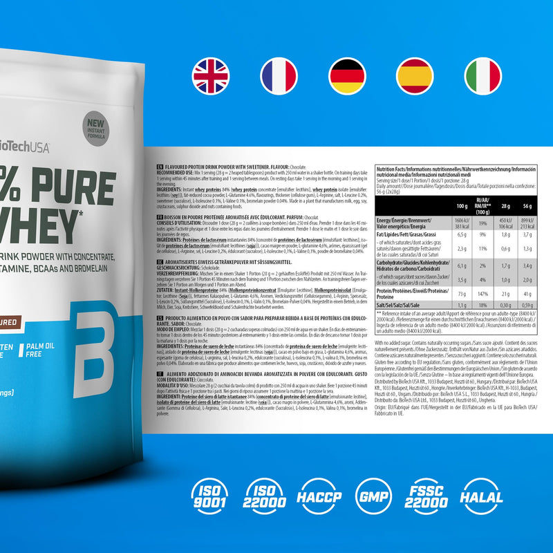 BioTechUSA 100% Pure Whey | Protein Powder with BCAA and Glutamine | Gluten-Free, Palm Oil Free | 21g Protein per Serving, 1 kg, Chocolate