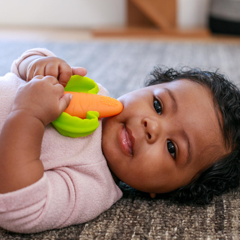 [Australia] - Infantino Lil' Nibbles Textured Silicone Baby Teether - Sensory Exploration and Teething Relief with Easy to Hold Handles, Orange Carrot, 0+ Months 