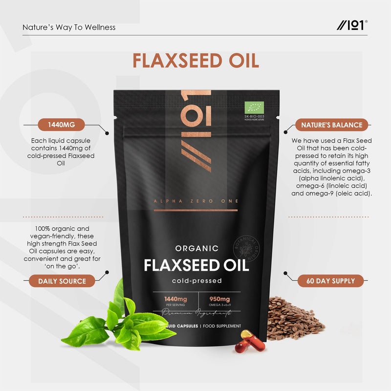 Organic Flaxseed Oil Capsules 1440mg - 64% Omega 3-6-9 – 120 Count – Cold Pressed – Rich in Alpha Linoleic Acid, Linoleic Acid & Oleic Acid - by Alpha01 1 count (Pack of 120)