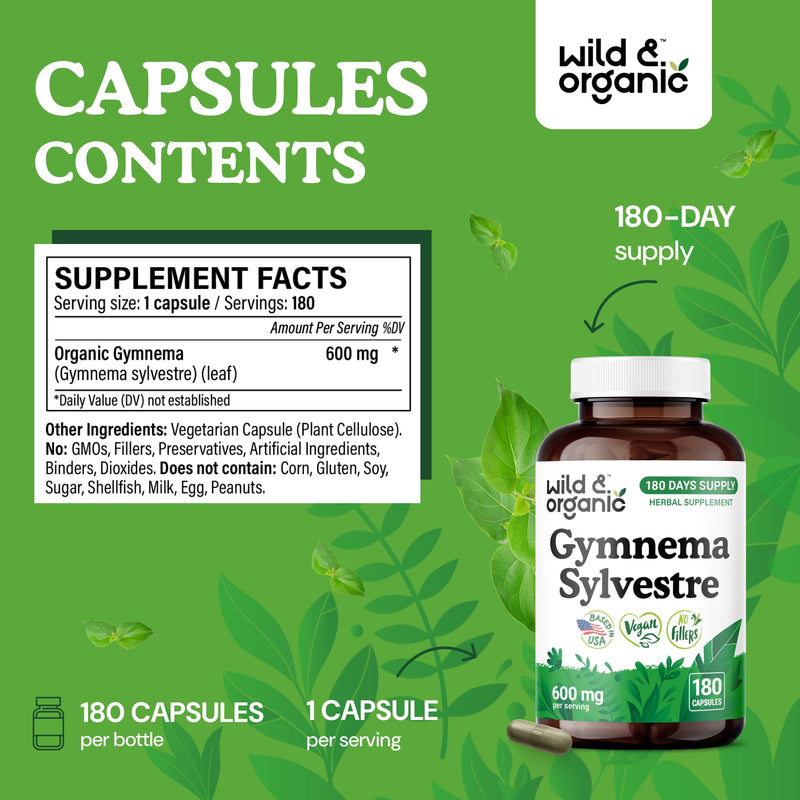 [Australia] - Wild & Organic Gymnema Sylvestre Capsules 600 mg - Overall Support - Natural Gymnema Supplement - Gurmar Herb Powder - 180 Days of Supply - Vegan, No Fillers, Non-GMO - 180 Count 