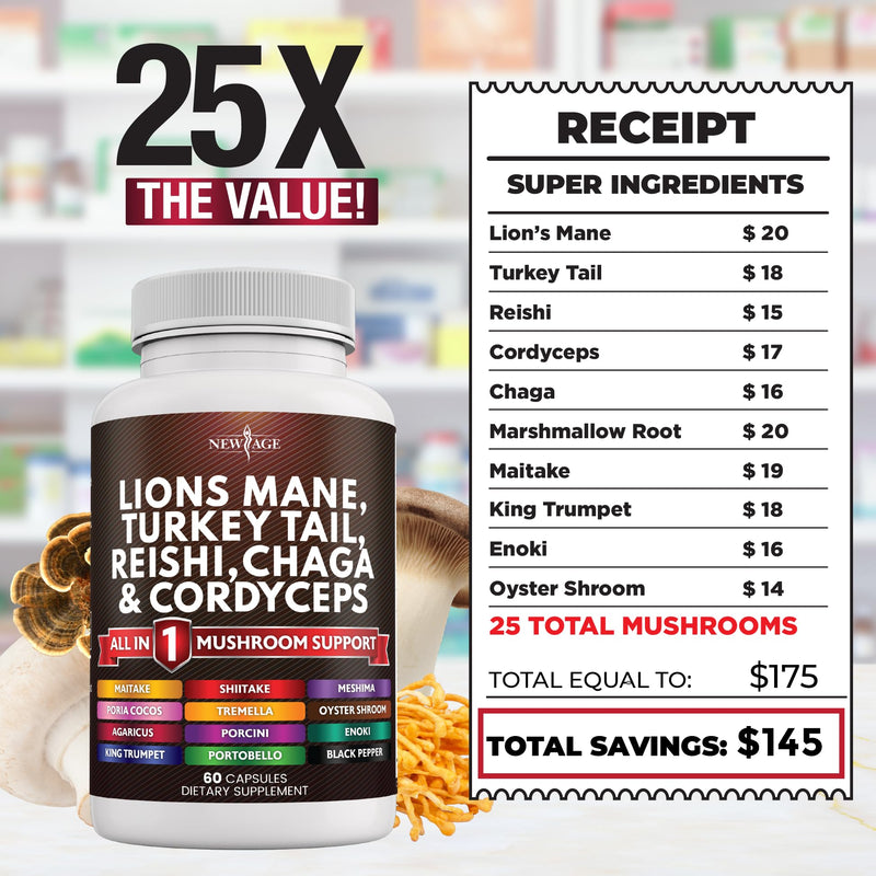 NEW AGE Lions Mane 3000mg 20in1 Mushroom Supplement with Turkey Tail 2000mg Reishi 1000mg Cordyceps Chaga 1000mg with Marshmallow Root 120 Count 120 Capsules (Pack of 2)