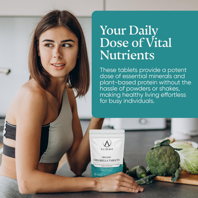 Aligma Organic Chlorella Tablets 500×500 mg for Immune System Booster, Super Greens Tablets, Natural Source of Vegan Protein, Minerals & Vitamins | Resealable Package