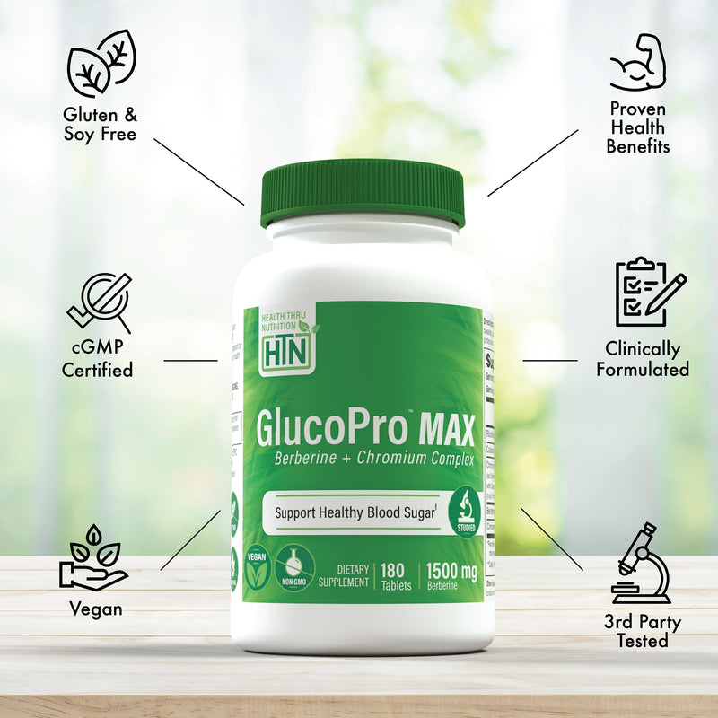 [Australia] - Health Thru Nutrition GlucoPro Max - with 1,500mg Berberine, Chrominex + Chromium, and 1,000mg Cinnamon | Vegan, Non-GMO, Gluten Free | Pack of 180 180 Count (Pack of 1) 