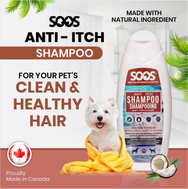 Soos Pet Dog Shampoo for Cats and Pets Anti-Itch Dead Sea Minerals Fast Absorbing Clean Fur with Vitamins Essential Oils Natural Ingredients Antiba-cterial and Antif-ungal - 1x Pet Shampoo (500ml) - PawsPlanet Australia