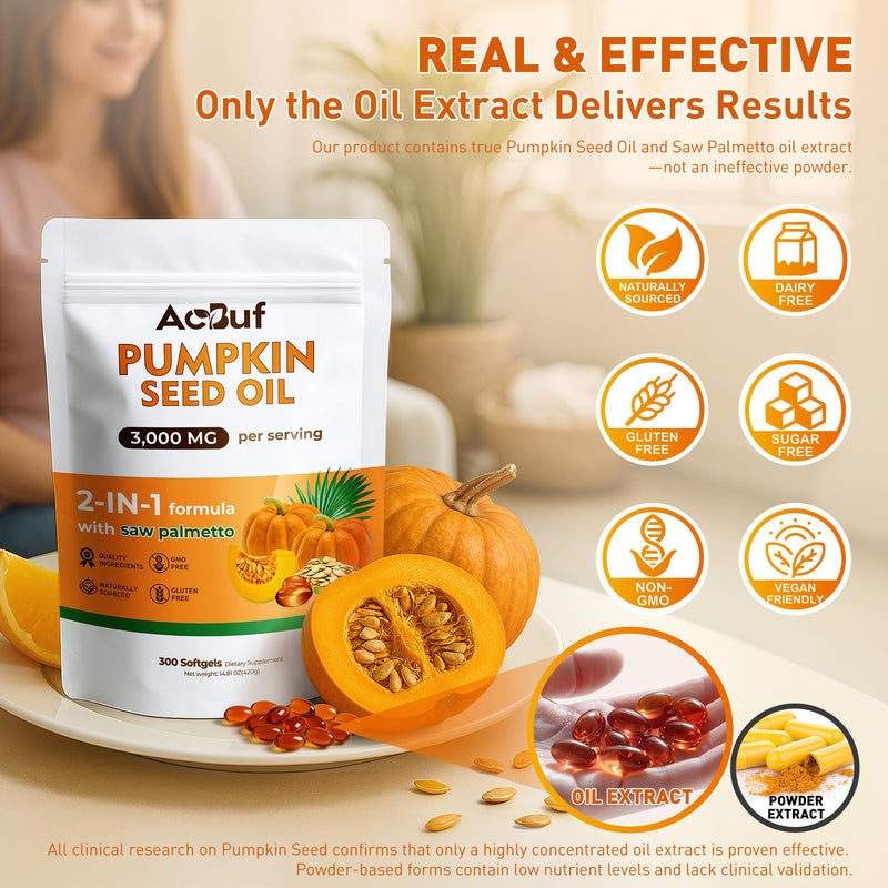 [Australia] - Pumpkin Seed Oil with Saw Palmetto, Pumpkin Seed Oil for Hair, Cold Pressed, Pure Virgin, Essential Fatty Acids & Phytosterols, 3000mg Per Serving, 300 Softgels 