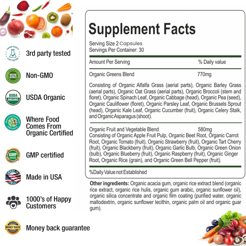 [Australia] - Organic Superfood Greens Fruits and Veggies Complex - Dietary Supplement with 14 Greens and 14 Fruits & Vegetables with Alfalfa Rich in Antioxidant Organic Ingredients Non-GMO 60 Capsules 60 Count (Pack of 1) 