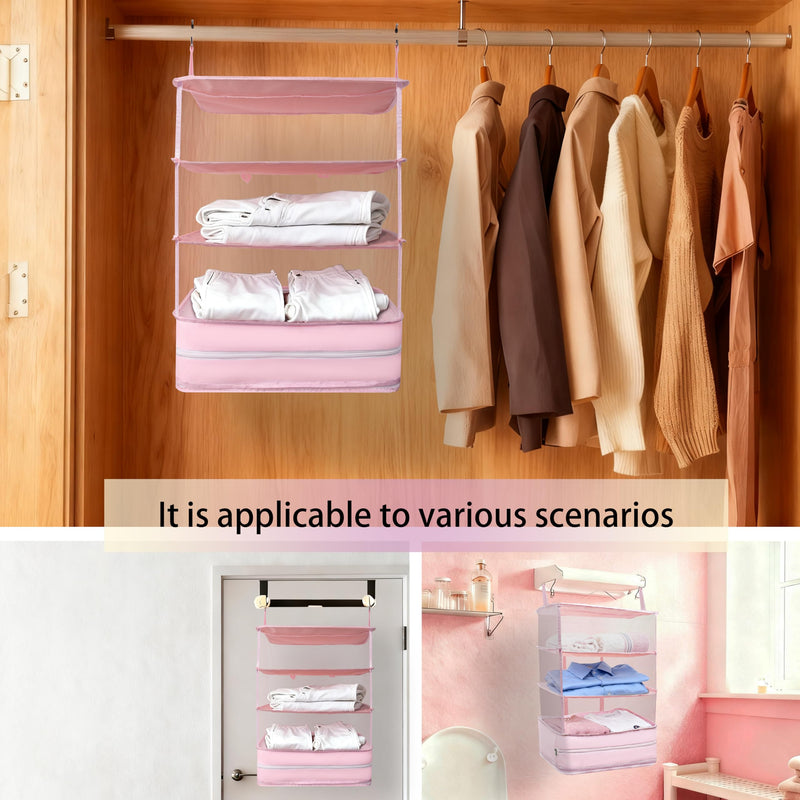 Hanging Travel Closet Organizer Suitcase Shelves Portable Carry on Closets for Hanging Packing Cubes Storage,XL,Pink