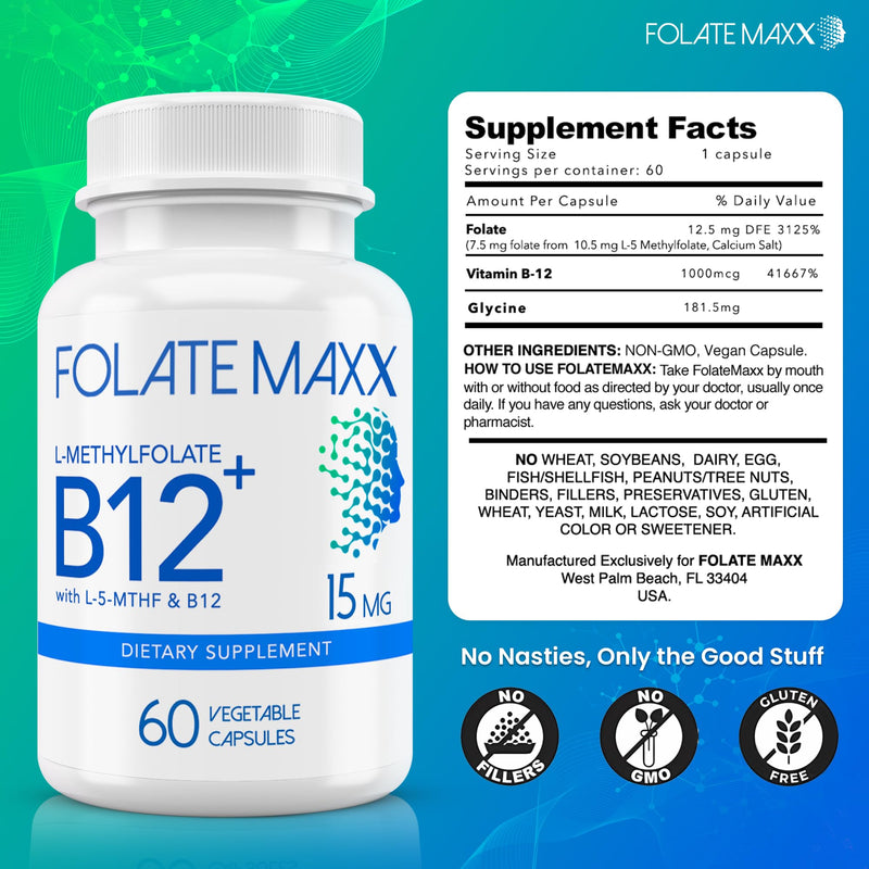 FolateMaxx L Methylfolate 15mg Plus B12 Methyl - 60 Capsules - 5-MTHF with B12 Methylcobalamin Supplement for Mood, Methylation and Cognition - Bioactive Forms of Vitamin B9 & B12-2 Month Supply
