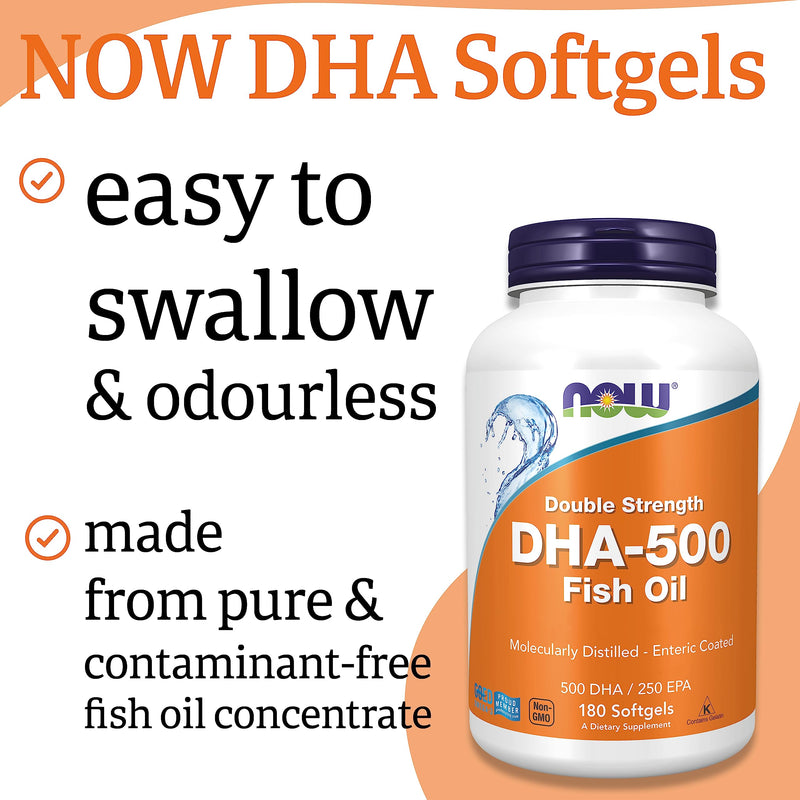 Now Foods, DHA-500, Double Strength, 180 Softgels, Lab-Tested, Fish Oil, EPA, Vitamin E, Gluten Free, Non GMO