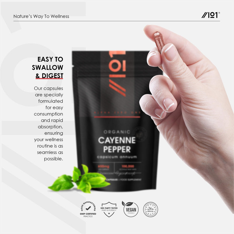 Organic Cayenne Pepper Capsules 650mg (per Capsule) – 100,000 Scoville Heat Units – 180 Vegan Capsules - Resealable and Recyclable Pouch by Alpha01 1 count (Pack of 180)
