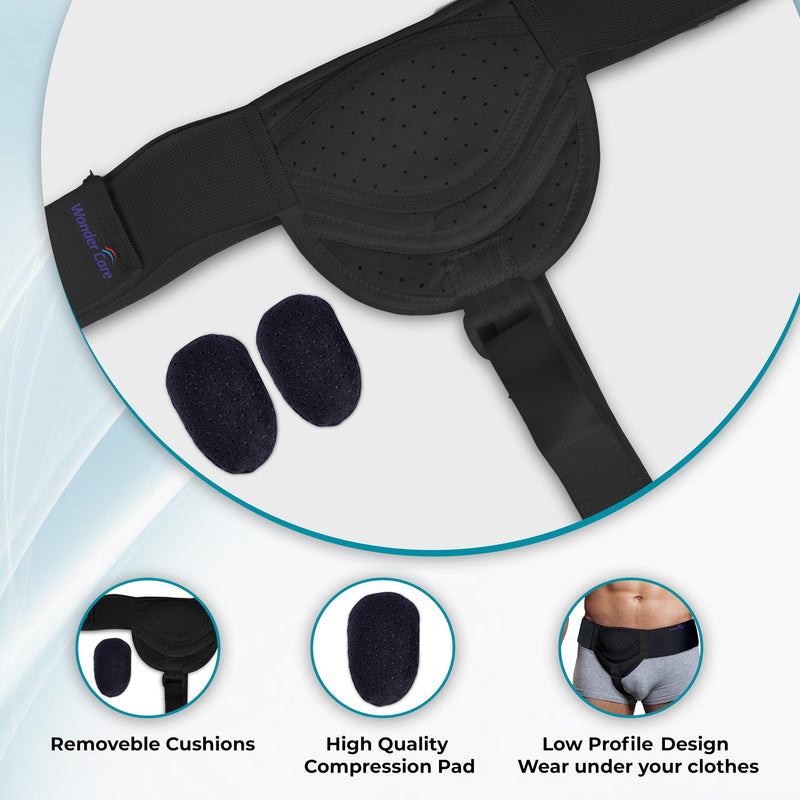 WC Hernia belt for men inguinal hernia support belt Pain Relief With Removable Compression Pads Groin hernia truss Flexible Adjustable Groin Straps Left or Right inguinal Hernia Truss Brace-L/XL Black L/XL (44-55inch)