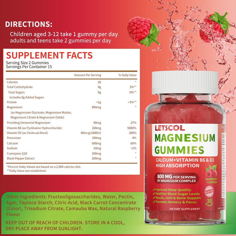 Magnesium Glycinate Gummies 800mg Per Serving, Sugar Free Magnesium Supplement with Magnesium Malate, Calcium, Vitamin D3, B6, CoQ10 for Calm Support & Zzz for Adults Kids Raspberry 30 Count (Pack of 1)