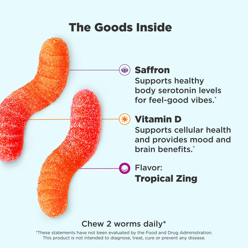 OLLY Hello Happy Gummy Worms,Mood Balance Support,Vitamin D,Saffron,Adult Chewable Supplement,Gluten Free,Tropical Zing -,90 Count (Pack of 2) 90 Count (Pack of 2)