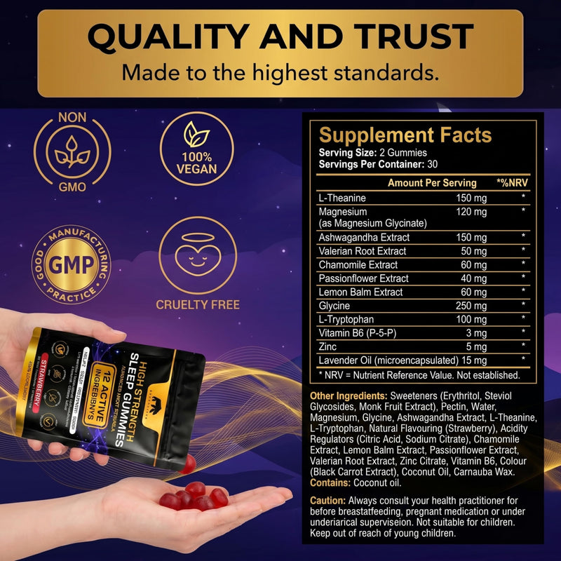 Sleep Gummies for Adults – Magnesium Glycinate Gummy with L Theanine, Ashwagandha – 12 Active Ingredients – Vegan Sugar Free Strawberry Flavour – 30 Day Supply