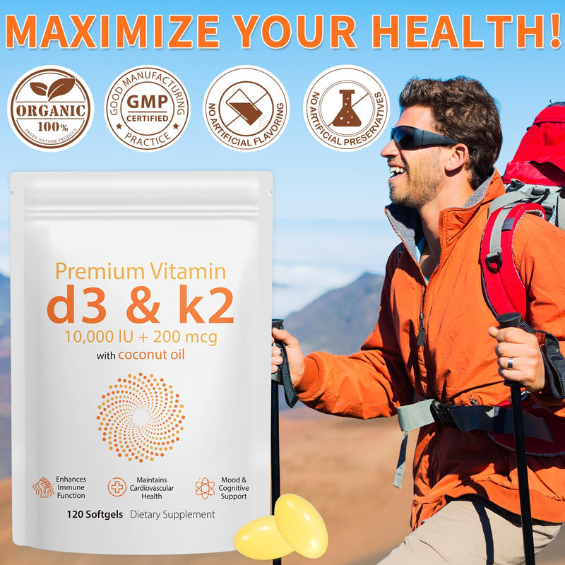 Premium Vitamin D3 & Vitamin K2 (MK-7) Softgels 120 Count Easy-Swallow VIT D3 K2 with Coconut Oil Gluten Free, High Strength Vitamin D3 and K2 Supplements 120 count (Pack of 1)