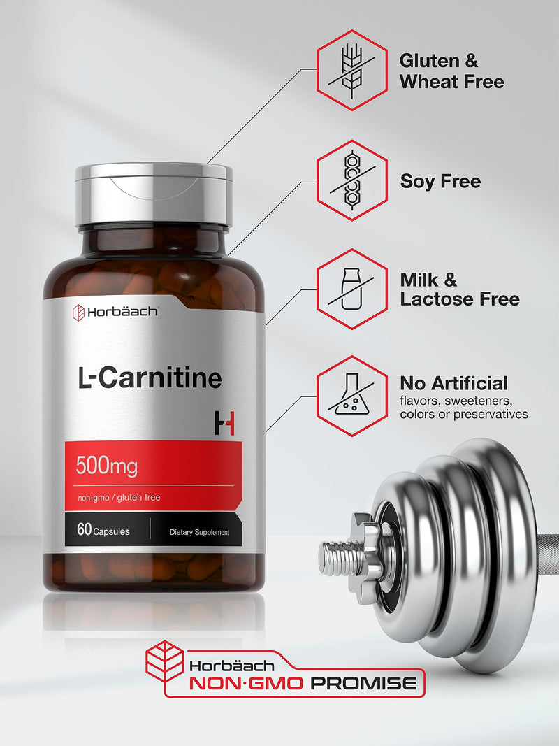 Horbäach L Carnitine Supplement 500mg | 60 Capsules | as L-Carnitine L-Tartrate | Non-GMO and Gluten Free