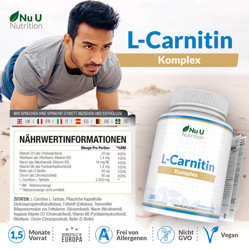 [Australia] - L-Carnitine Complex 2,200mg High Dose - 180 Vegan Capsules - With Riboflavin, Biotin, Chromium, Vitamin D, B3 & B6 - L-Carnitine Tartrate Supplement - Nu U Nutrition 