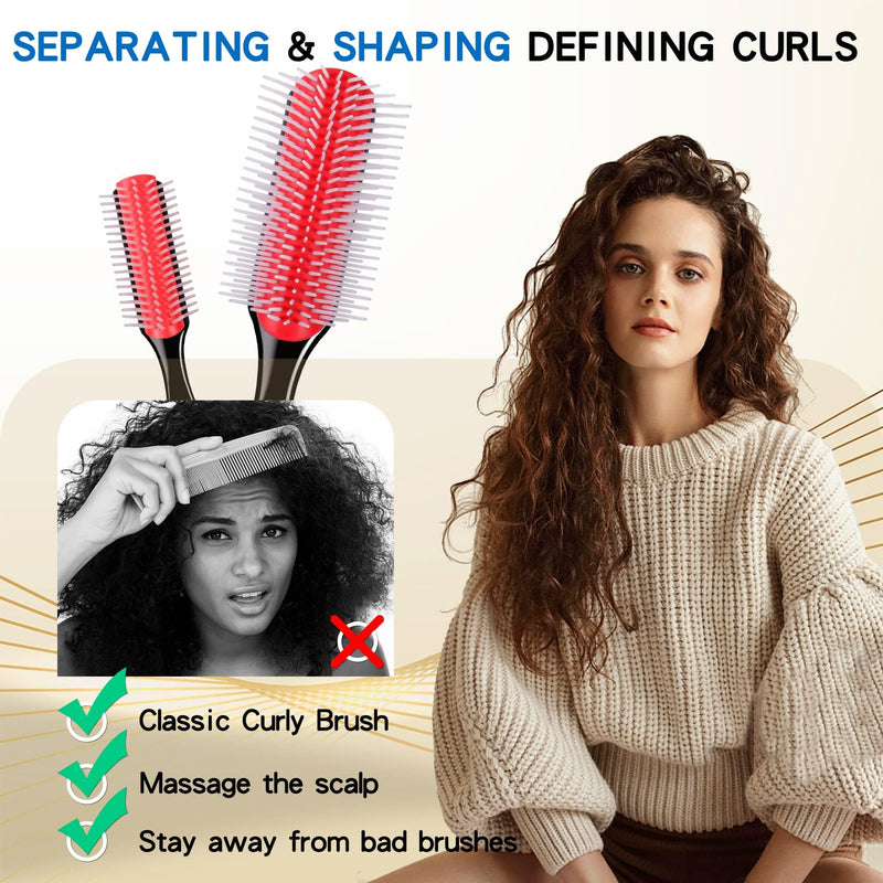 2 PCS Hair Brush for Women Men Curly Wet or Dry Hair 9 Row 5 Row Classic Styling Brushes for Natural Thick Hair, Blow Separating, Shaping Defining Detangling Curls Tools Travel Bristle Black Hairbrush Red 9 Row &5 Row