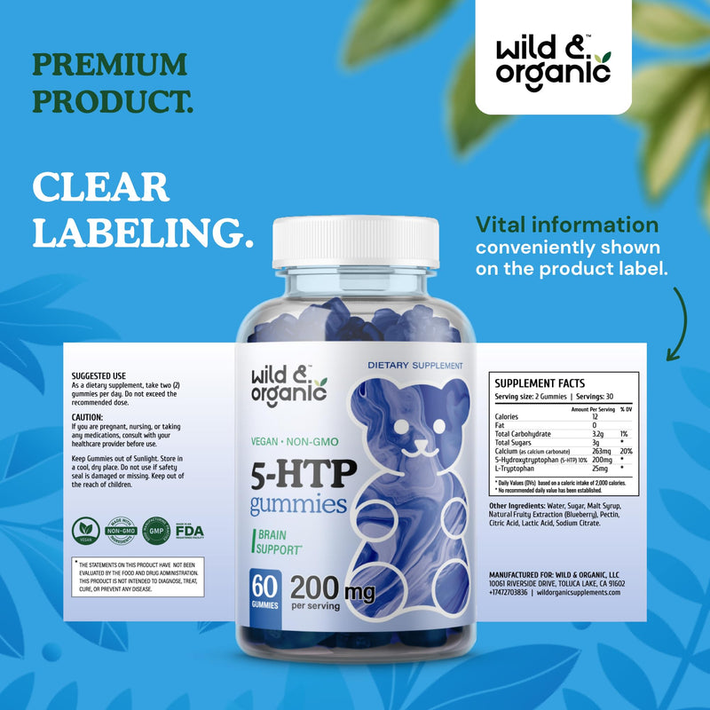 [Australia] - Wild & Organic 5-HTP 200mg Mood Gummies - L-Tryptophan for Relaxation and Natural Calm - 5 HTP Supplement for Brain Support - 60 Vegan, Non-GMO 5HTP Gummies 