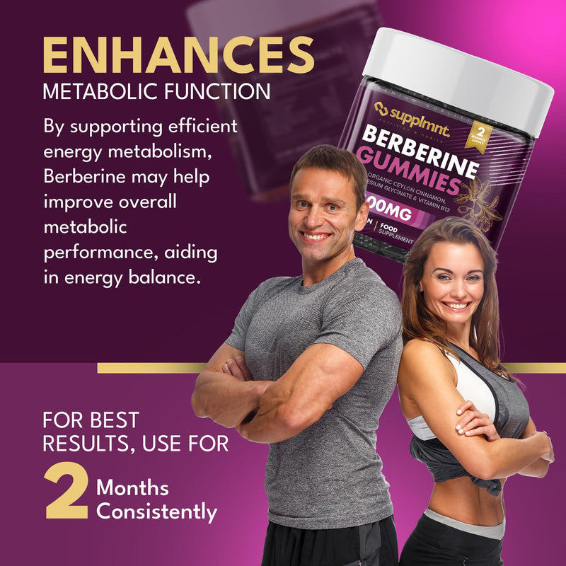 Supplmnt. Berberine Gummies - 2 Months Supply, 1500mg Berberine with 1000mg Ceylon Cinnamon, 2.4mg Vitamin B12 & 400mg Magnesium Glycinate - Powerful Metabolism & Immune Support Supplement BlackBerry