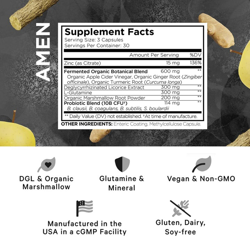 [Australia] - Amen Leaky Gut Supplements - Advanced Formula with Bioavailable L Glutamine, Zinc, Turmeric, Licorice Root - Bowel and Stomach Probiotics & Fermented Prebiotics - Vegan, Non-GMO - 90 Capsules 90 Count (Pack of 1) 