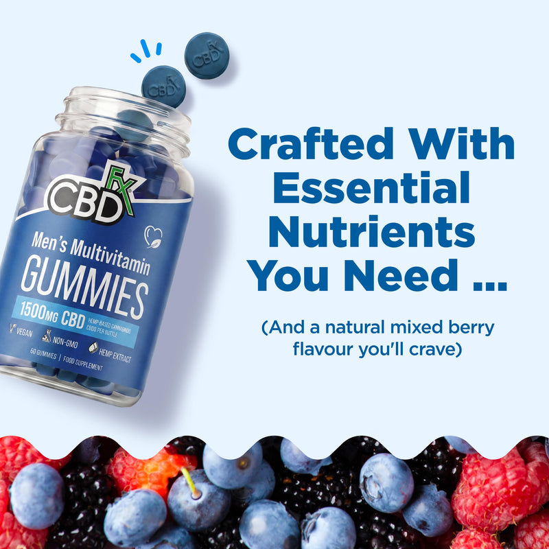 CBDfx 1500mg CBD High Strength Men's Multivitamin Gummies, Vitamins A, C, D3, E, B6, B12, Zinc, Biotin, Iodine, 60 Gummies (30 Days) 60 count (Pack of 1)