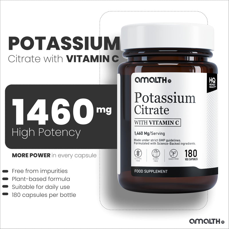 Potassium Supplement with Vitamin C 1460mg | 2 Months Supply | 180 Capsules | Electrolytes Capsule | Bioavailable Potassium Citrate Form | Non-GMO, Gluten-Free & Vegan-Friendly | Designed in The UK