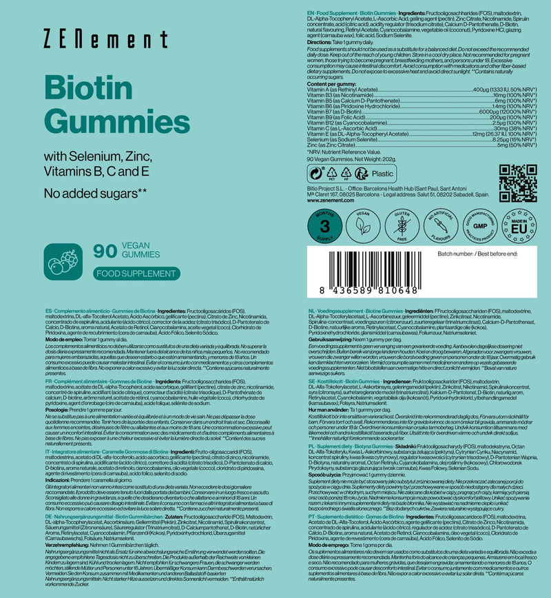 Biotin Gummies for Hair, Skin and Nails - No Added Sugar or Sweeteners - with Selenium, Zinc, and Vitamins A, C, E & B Complex - 90 Vegan Gummies - Mixed Berry Flavour – Zenement