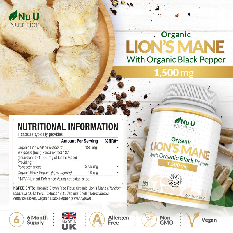 Organic Lions Mane Supplement 1500mg - 180 High Strength Vegan Capsules - 6 Month Supply - Lion’s Mane Mushroom with Organic Black Pepper - Made in the UK - Nu U Nutrition Lion's Mane