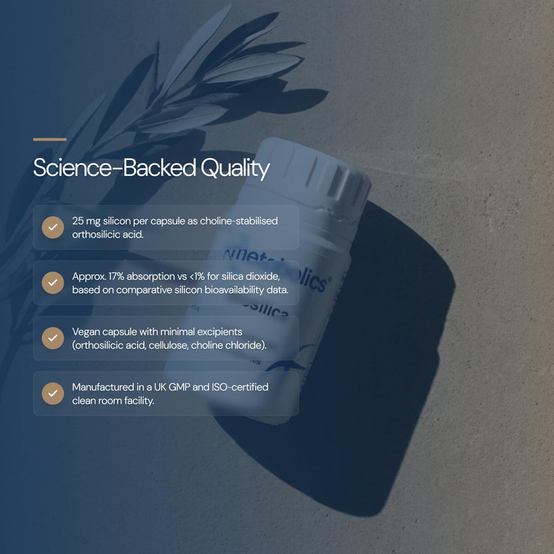 BioSilica 90 Vegan Capsules | High Absorption Silica Supplement for Bone, Hair, Skin & Connective Tissue Health | Choline-Stabilised Orthosilicic Acid | Vegan, Gluten-Free, UK Made