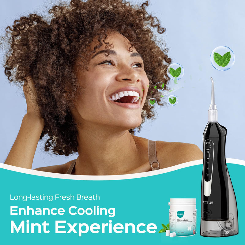 [Australia] - COSLUS Water Flosser Pick with 30pcs Whitening Mint Flavor Refill Combo for Teeth, Braces, Gums Care - Easy to Use, Portable for Coffee Lovers & Travel, Rechargeable, BPA-Free, Black, W40(F5020E) 