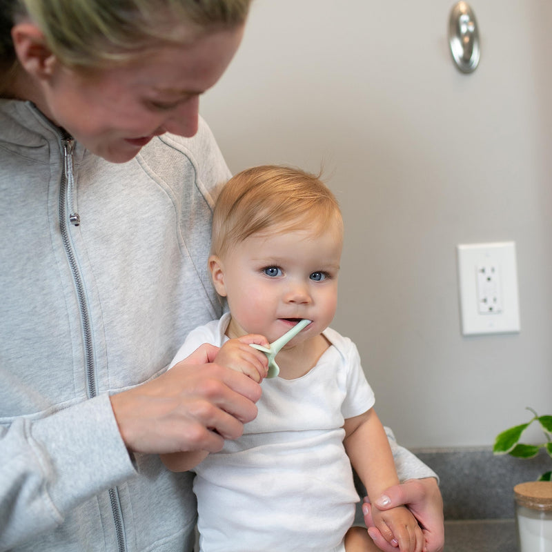 [Australia] - Dr. Brown's Infant-to-Toddler Training Toothbrush Set, Mint Elephant with Fluoride-Free Strawberry Baby Toothpaste, 0-3 Years 