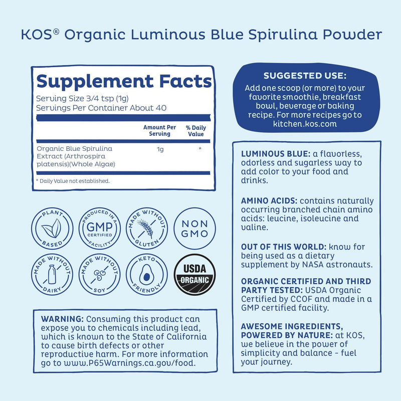 [Australia] - KOS USDA Organic Blue Spirulina Powder, Phycocyanin - Vegan Algae Superfood - Natural Food Coloring for Smoothies & Protein Drinks, Plant Based, Non GMO - 27 Servings 3. Luminous Blue Spirulina Powder 