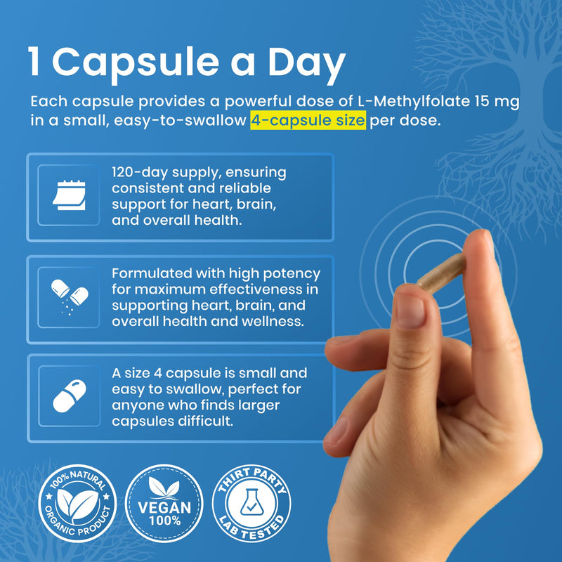 L-Methylfolate 15 MG 120 CAPSULESOptimized & Highly Bioactive Methyl Folate, 5-MTHF Supplement for Mood and Immune Support, Natural Diet Supplement for Energy, Non-GMO & Gluten-Free,
