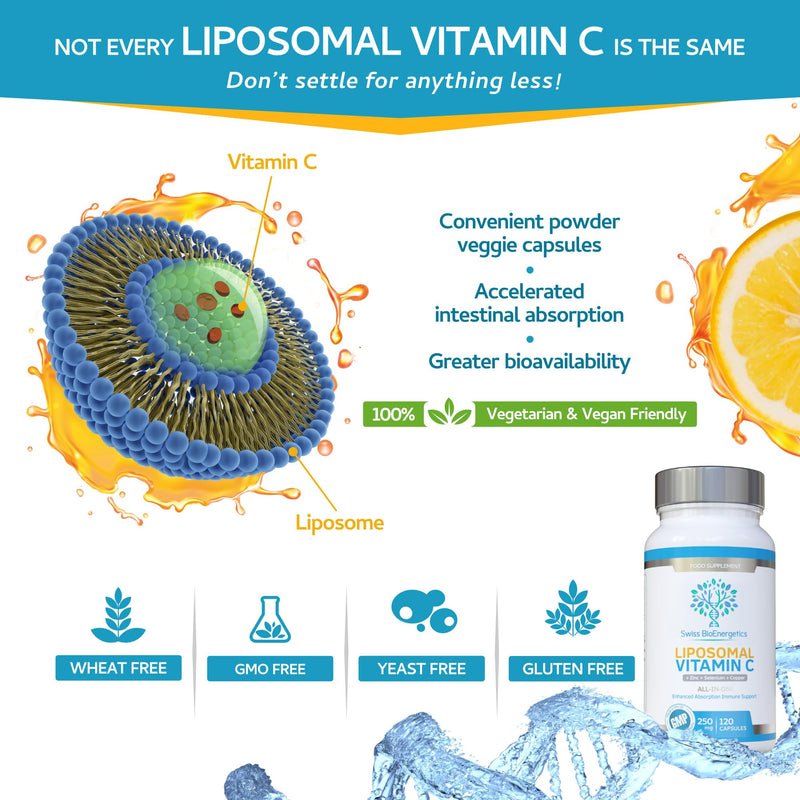 Liposomal Vitamin C Complex with Zinc, Selenium and Copper : All-in-ONE Enhanced Absorption Immune Support : 250mg, 120 Vegan Capsules (4 Month Supply) : Non-GMO, Made in UK