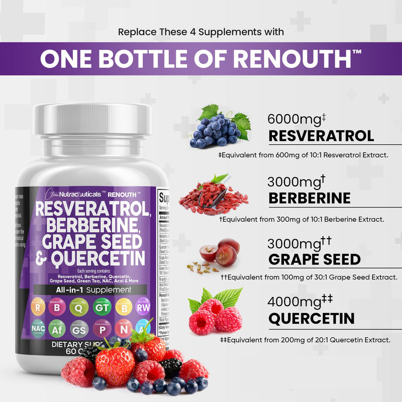 [Australia] - Resveratrol 6000mg Berberine 3000mg Grape Seed Extract 3000mg Quercetin 4000mg Green Tea Extract - Polyphenol Supplement for Women and Men with N-Acetyl Cysteine, Acai Extract - 60 Capsules 