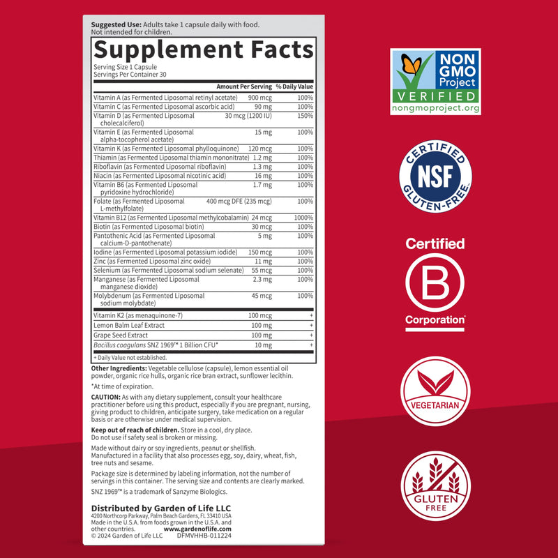 Garden of Life Dr. Formulated Multi+ Heart Health - Fermented Liposomal Multivitamin + Vitamin K2 MK-7, B Vitamins & Probiotics - One a Day for Cardiovascular & Blood Vessel Function, 30 Capsules