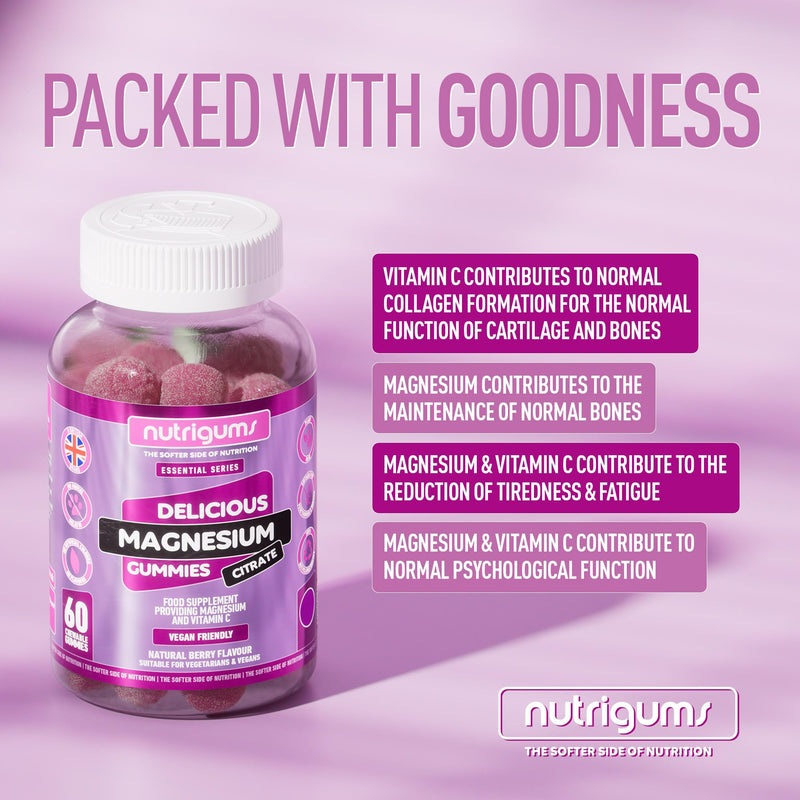 Magnesium Citrate 1250mg & Vitamin C Gummy | High Strength | 150mg of Elemental Magnesium & 80mg Vitamin C | Mixed Berry Flavour | 60 Vegan Gummies | Energy & Bone Support by NUTRIGUMS® 60 count (Pack of 1)