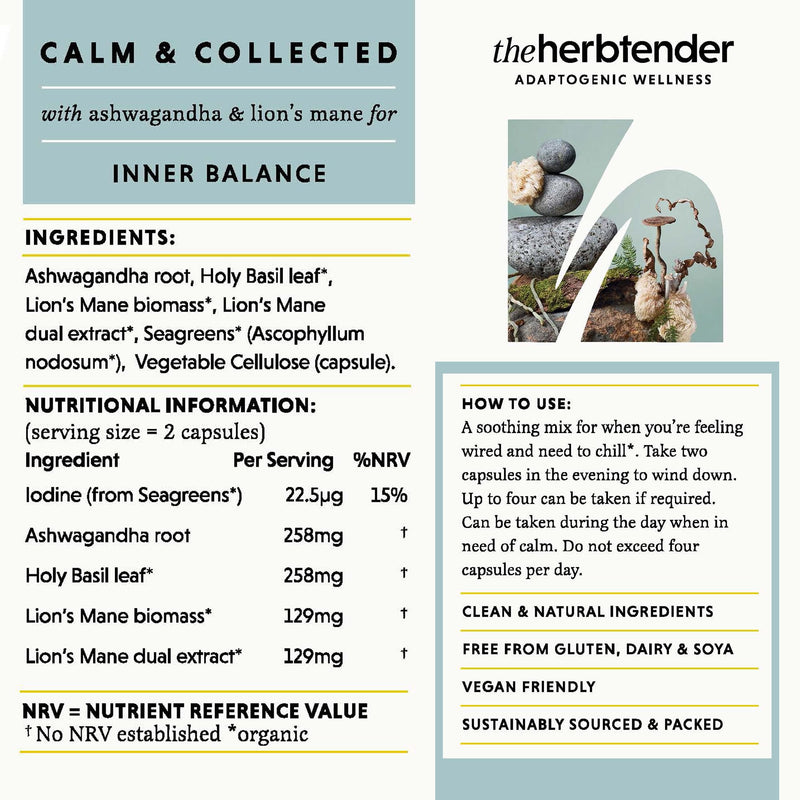 Ashwagandha & Lion’s Mane Supplement – Calm & Collected 60 Capsule Jar - Ashwagandha Capsules High Strength - Lion’s Mane Capsules - Natural Stress & Anxiety Support - Calming Tablets for Adults