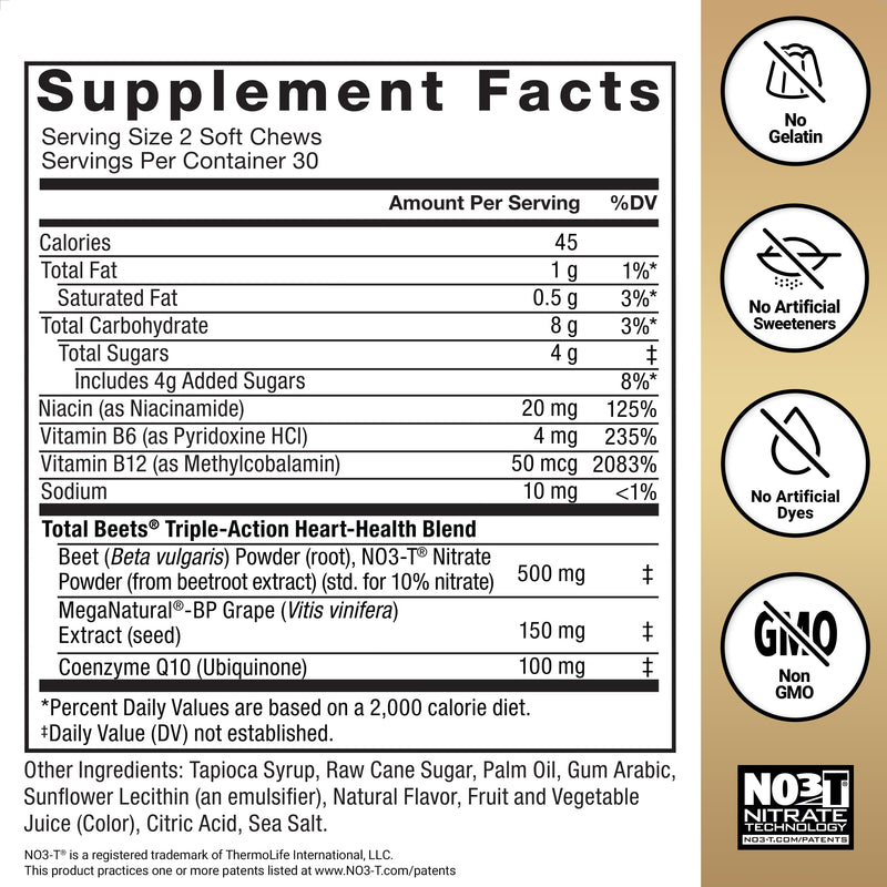 Force Factor Total Beets Ultimate Heart Health for Blood Pressure Support | with Beet Root Powder, CoQ10 for Nitric Oxide & Energy, Clinically Studied Ingredients, Pomegranate Berry, 60 Soft Chews 60 Count (Pack of 1)