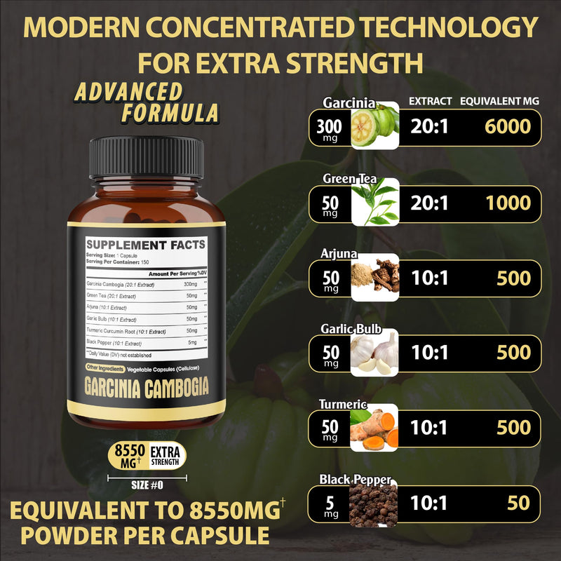 [Australia] - Premium Garcinia Cambogia 20:1 Extract Capsules 8550 mg - with Green Tea, Arjuna, Garlic, Turmeric, Black Pepper - Body Health & Immune Support Supplement - 1 Pack 150 Caps for 5 Months 