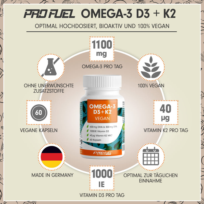 [Australia] - Omega-3 vegan + D3 & K2 (60x), 1100mg algae oil with 600mg DHA & 300mg EPA + 1000 IU vitamin D3 + 40 µg vitamin K2 - O3 D3 K2 Essentials capsules high dosage, bioavailable & laboratory tested 60 pieces (pack of 1) 