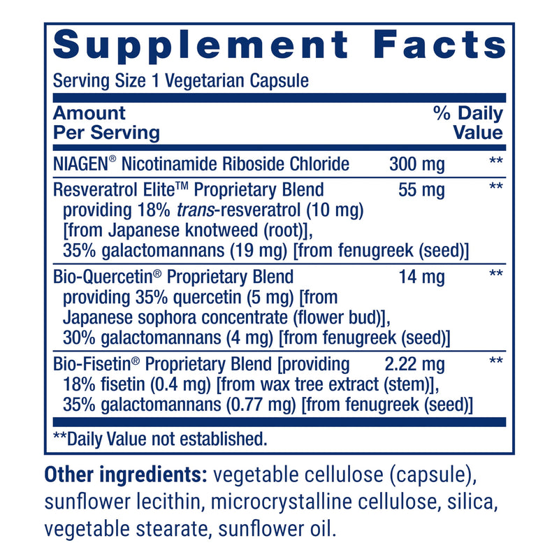 Life Extension NAD+ Cell Regenerator™ and Resveratrol Elite™*, nicotinamide riboside, Trans-resveratrol, quercetin, Fisetin, Heart Health, Healthy Aging, Vegetarian, Non-GMO, Gluten Free, 30 Capsules 30 Count (Pack of 1) Nutritional Supplement