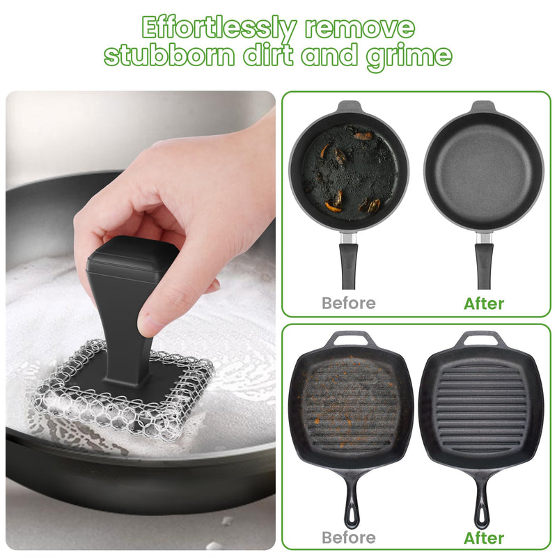 [Australia] - Cast Iron Scrubber & Cleaner Scraper Kit - Upgraded Handle 316L Stainless Steel Chainmail Scrubber for Cast Iron Pans, Dish Scrub Brush Scouring Pad for Cookware Corners Deep Cleaning - Black 